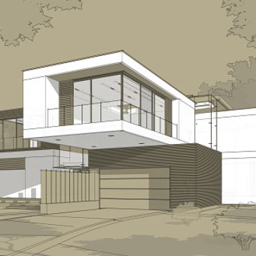 3d rendering sketch of modern cozy house with garage for sale or rent. Black line sketch with white spot and hand drawing entourage on craft background.